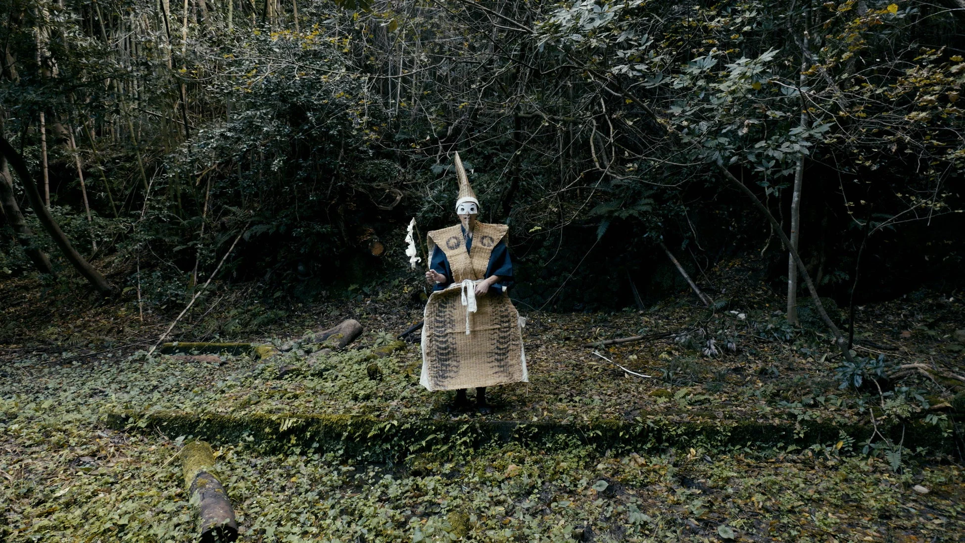 深い森の中で、伝統的な衣装と仮面を身につけた人物