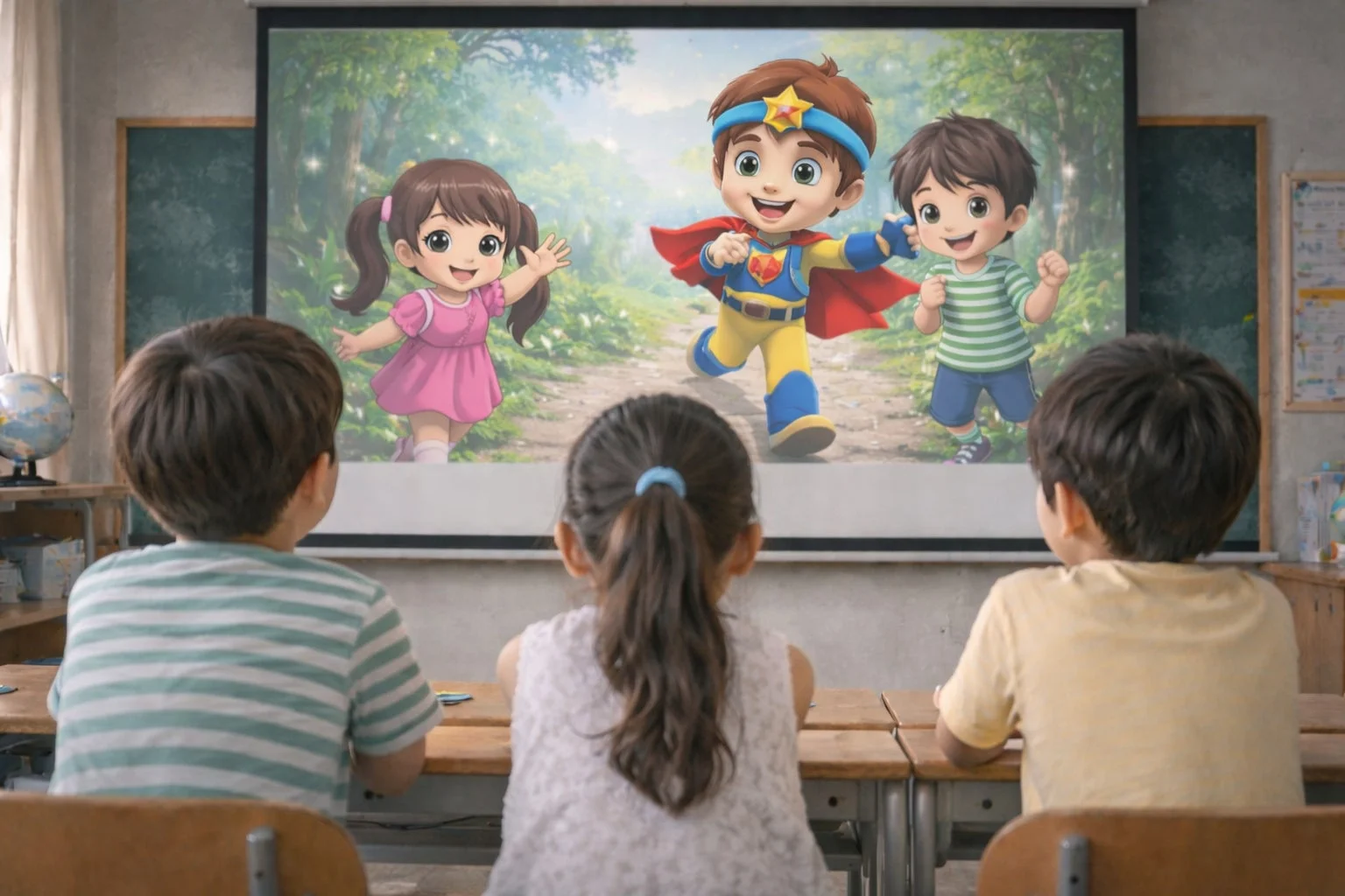 教室で3人の子供たちがプロジェクターで映し出されたアニメーションを鑑賞