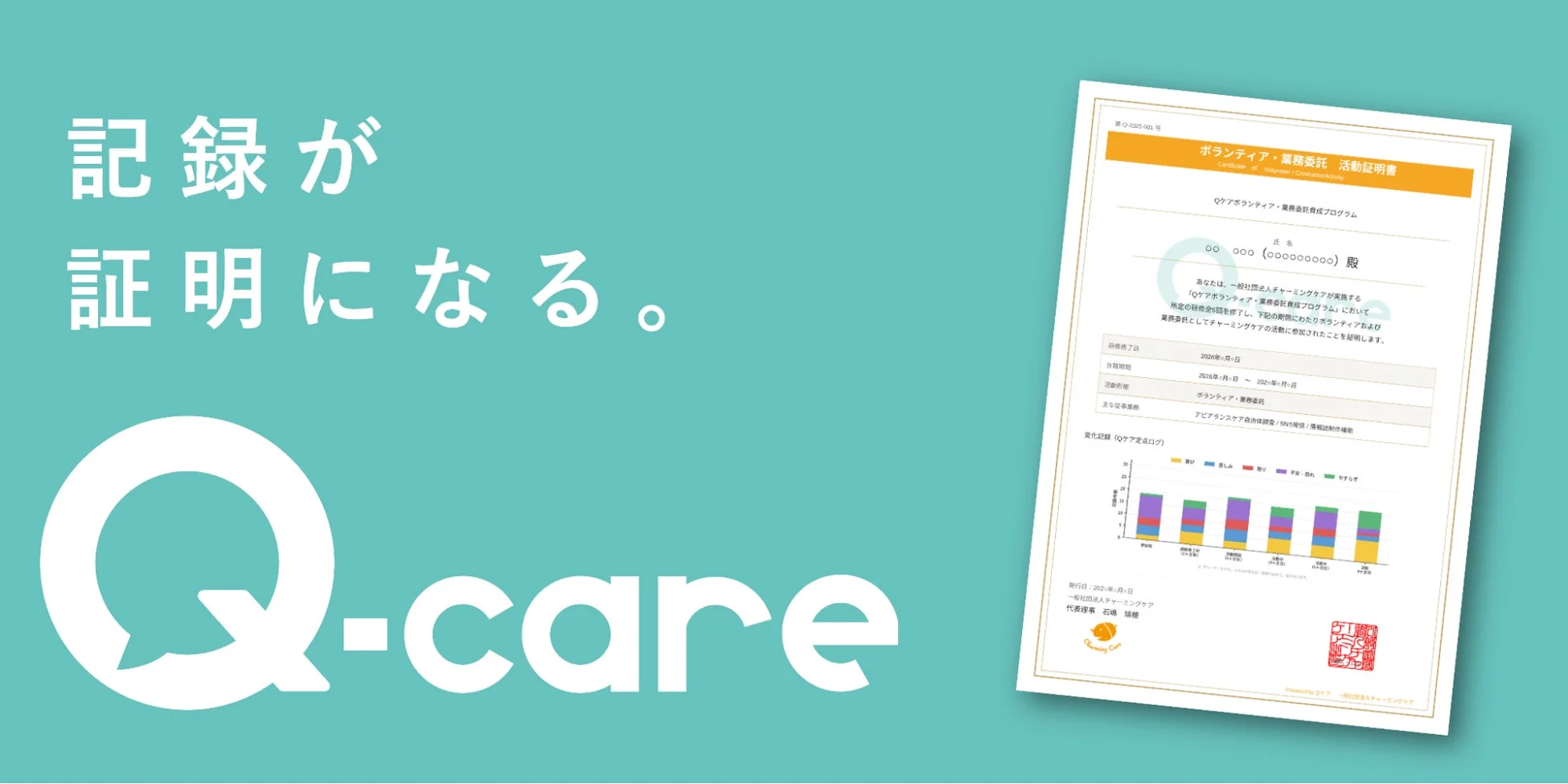 Q-care, ボランティア, 活動証明書, 業務委託, 記録, チャーミングケア, 育成プログラム