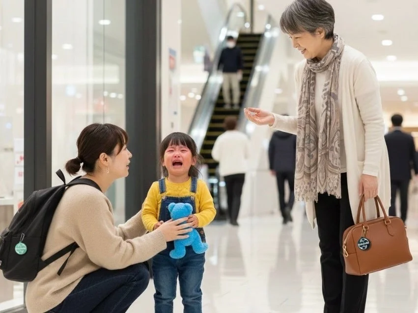 ショッピングモールで泣く子どもを慰める母親と祖母