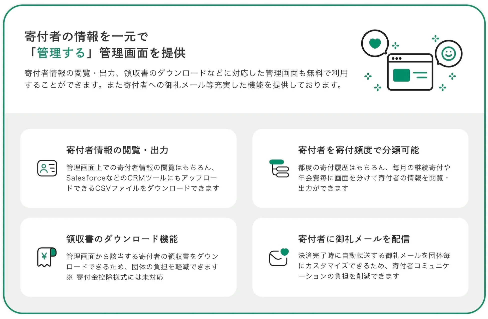 寄付者の情報を一元で「管理する」管理画面を提供