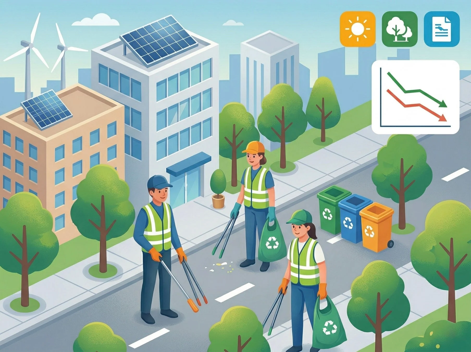 クリーンな都市で清掃活動とリサイクルに取り組むイラスト