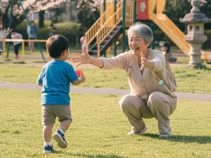 公園で笑顔のおばあちゃんと男の子