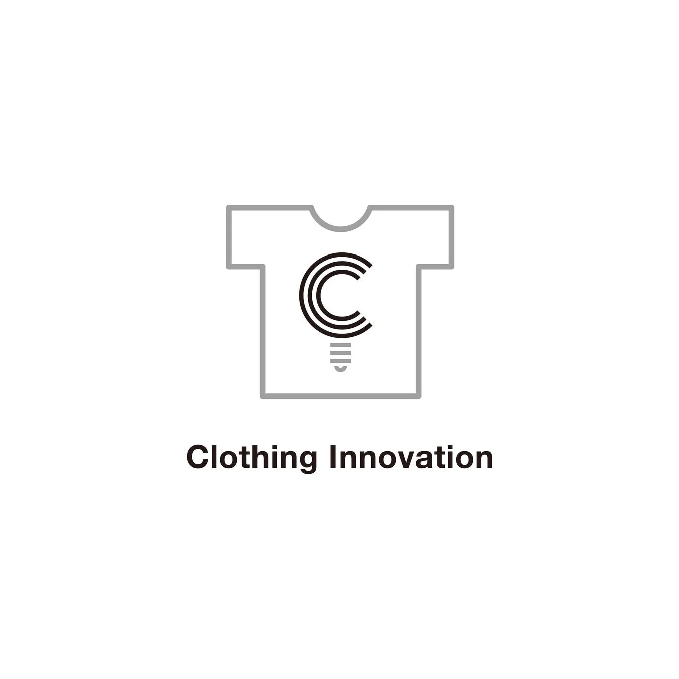 Tシャツのシルエットの中に電球と「C」を組み合わせたロゴと「Clothing Innovation」の文字