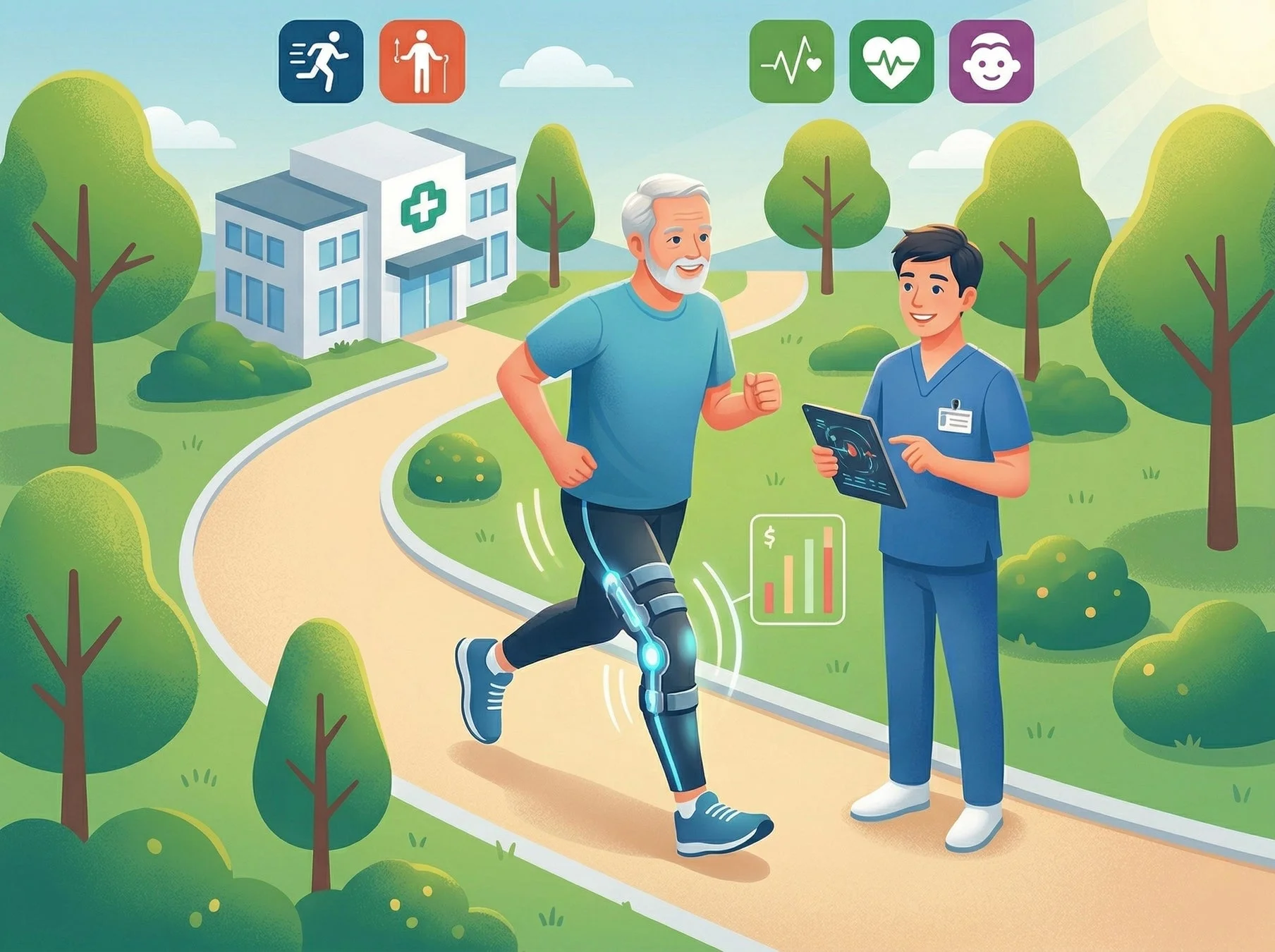 膝装具を装着して運動する高齢者と医療従事者