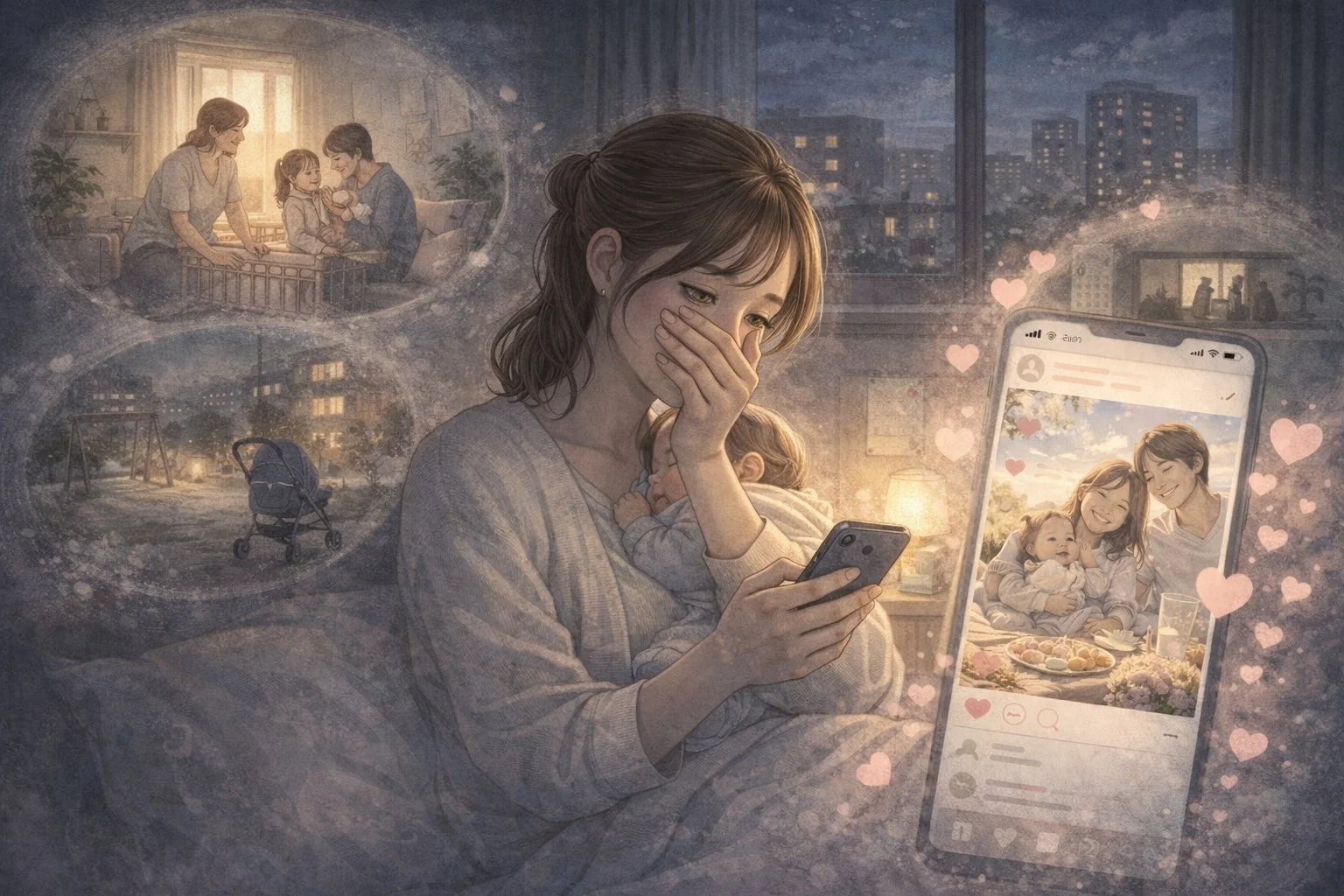 母親がスマホを見ながら理想と現実のギャップを感じているような画像