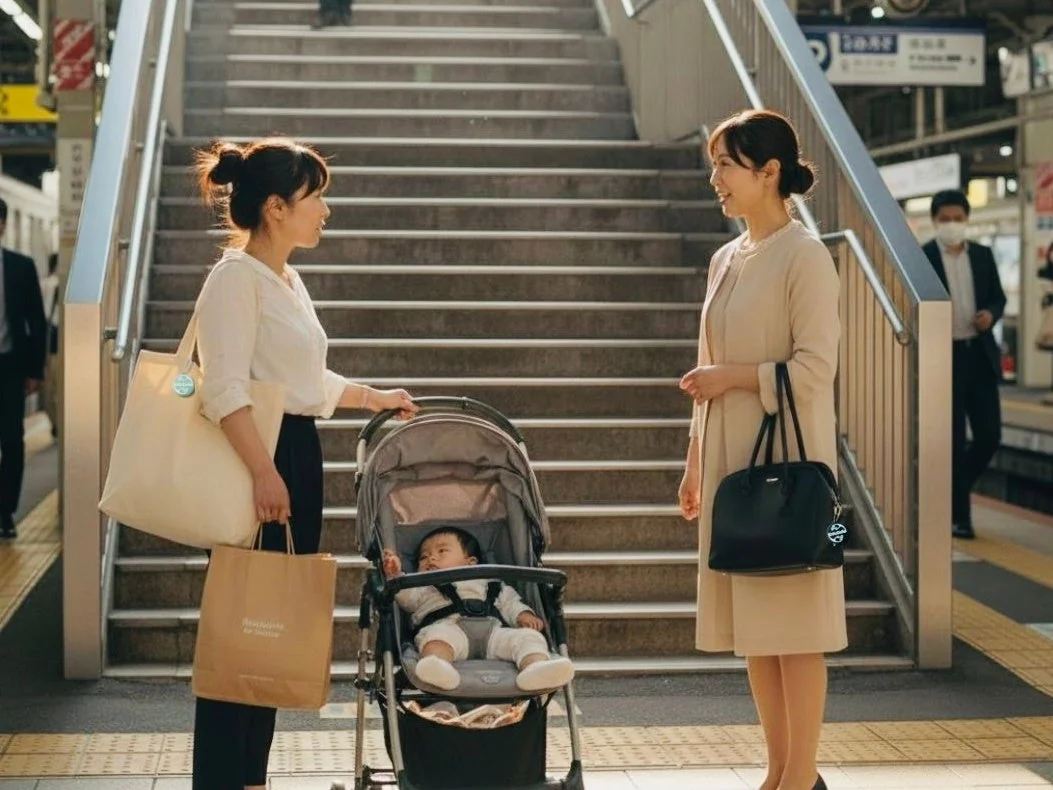 駅のホームでベビーカーの女性と友人が会話