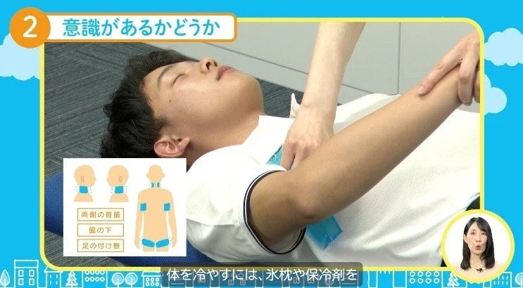 熱中症の応急処置として、意識の確認と身体の冷却方法を示した画像