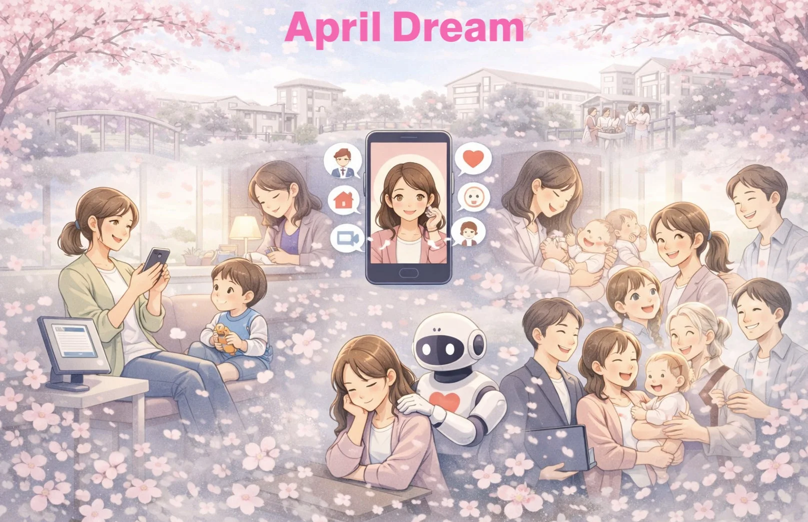 家族とAIが共存する未来のイラスト